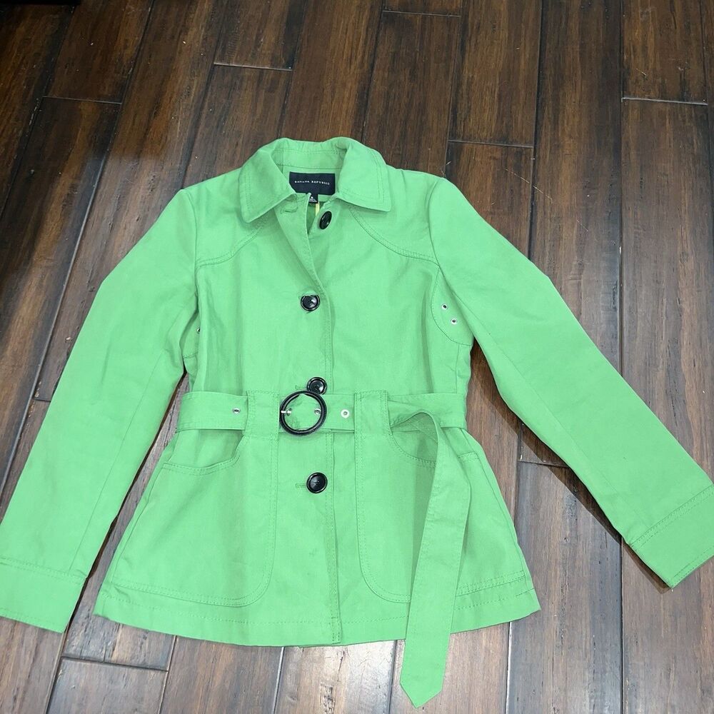 Banana Republic Short Trench Coat Cotton Twill Size MED Green Belted Jacket